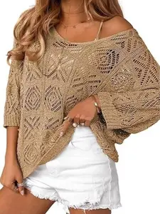 Women's Hollow Out Crochet Knit Sweater Off Shoulder Pullover Top