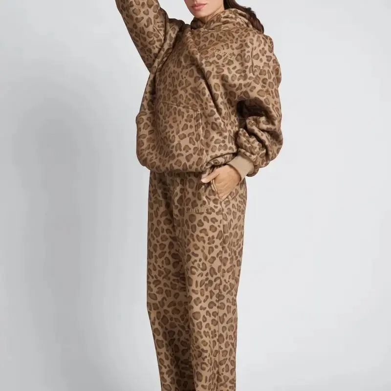 Camo Leopard Print Brown Unisex Hoodie and Sweatpants Set for Men and Women Trendy Fashionable Comfortable Everyday Wear