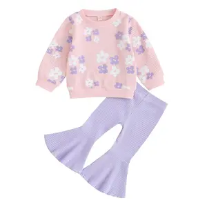 Baby Girl Spring Warm Outfits Set Toddler Floral Print Waffle Knit Crewneck Sweatshirt Tops Elastic Waist Ribbed Bell Bottoms Flared Pants