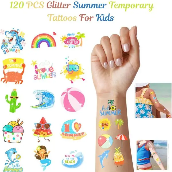 120 PCS Mixed Colour Summer Glitter Temporary Tattoos for Boys & Girls, Durable Waterproof Pool Party Favors, Tropical Hawaiian Luau Goodie Bag Fillers for All Skin Types, Birthday, Summer Tattoos, Fake Tattoos