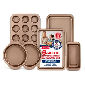 BAKKEN 6-Piece Kitchen Baking Pan Set - Commercial Grade Carbon Steel Bakeware, With Nonstick Coating, Stackable and Space-saving Design, PFOA, PFOS, PTFE Free, Oven Safe Tray (Up To 450°F)