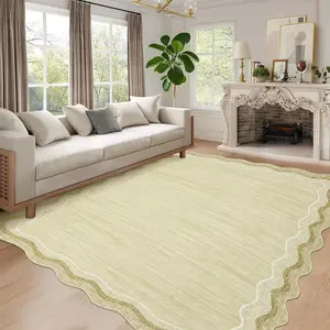Garvee Washable 10x13 Scalloped Rug with Non-Slip Backing, Modern Solid Color, Non-Shedding, Stain Resistant, Low Pile Foldable Accent Carpet for Living Room and Bedroom in Cream