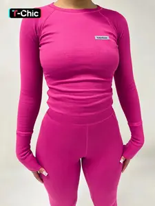 Women's Letter Patched Raglan Sleeve Knitted Tee & Skinny Pants Set, Casual Long Sleeve Round Neck T-shirt & Trousers Two-piece Set for Fall & Winter Outfit Womenswear Clothes