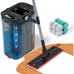 Transparent Mop and Bucket Set with Separate Dirty & Clean Water, 65" Flat Mop for Floor Cleaning, 4 Machine Washable Microfiber Pads for Wood Tile Black