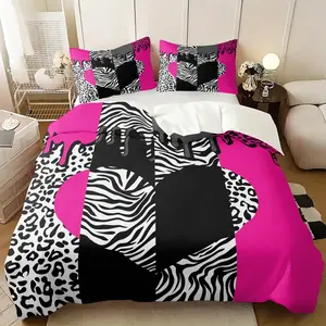Pink Black Heart Duvet Cover Set, Include One Quilt Cover and 1/2 Pillowcases, Bold Neon Pink and Black Comforter Cover with Drip Design, Zebra & Leopard Print Patchwork Stylish Bedroom Decor Bedding