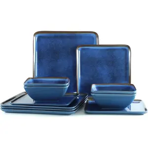 Dinnerware Sets, 12 Pcs Square and Sets of 4, Dishes Set for Use, Lightweight Dishware Set for Camping,and RV, Dishwasher Safe, Navy Blue