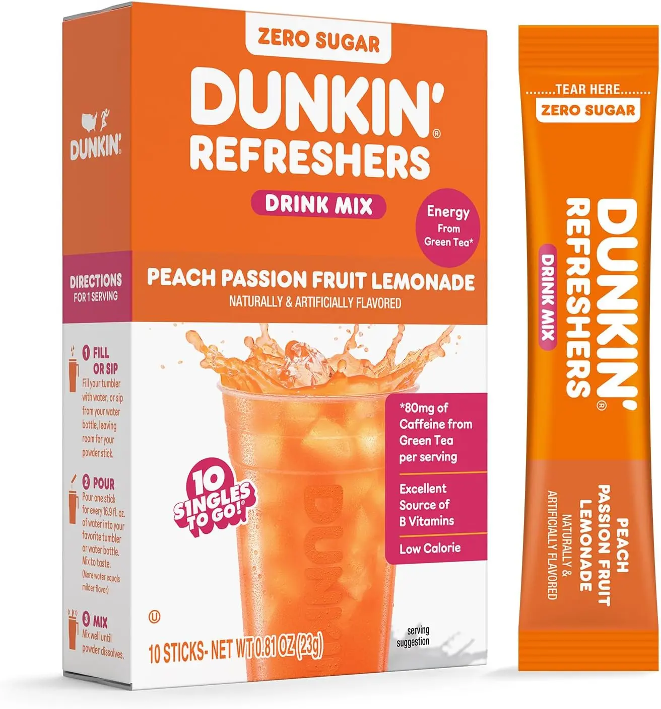 Dunkin’ Zero Sugar Refreshers Singles To Go! Powdered drink mix packets, Peach Passionfruit Lemonade,10 packets per box Energy from Green Tea, aspartame-free, no synthetic colors, naturally and artificially flavored, just add water
