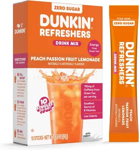 Dunkin’ Zero Sugar Refreshers Singles To Go! Powdered drink mix packets, Peach Passionfruit Lemonade,10 packets per box Energy from Green Tea, aspartame-free, no synthetic colors, naturally and artificially flavored, just add water
