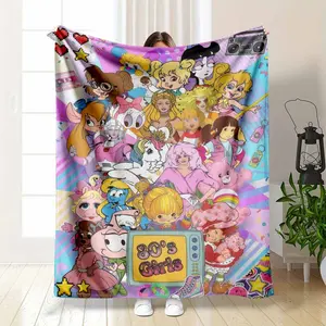80s Girls Cartoon Print Flannel Blanket Retro Nostalgia Pattern with Colorful Cute Characters and Pastel Elements Super Soft Warm Lightweight Cozy Throw for Sofa Bedroom Living Room Office Gift Decor