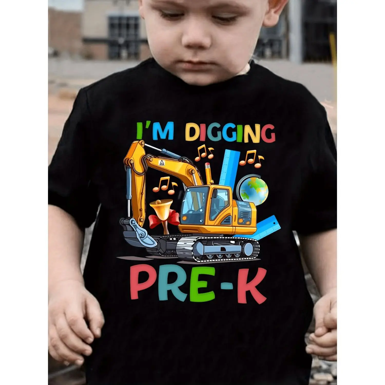Boys' Theme T-Shirt - I'm Digging Pre-K with Excavator & Bulldozer Print, Playful ' School Outfit for Kindergarten, Playdates & Building Skills, Machine Washable (Black)