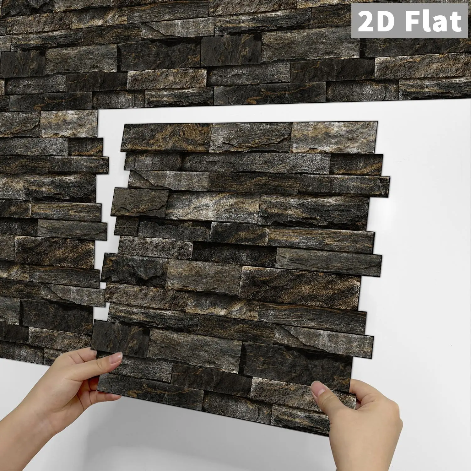 5/10PCS SPT Faux Stacked Stone Tile Stickers, Dark Brown/Charcoal, PVC Crystal Film with Mirror Gloss, Peel & Stick Removable No Residue, Easy to Clean Waterproof Wall Decals for Kitchen Bathroom Bedroom Office Indoor, Home Decor