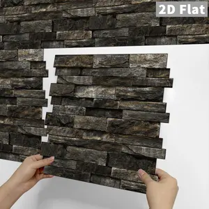 5/10PCS SPT Faux Stacked Stone Tile Stickers, Dark Brown/Charcoal, Thick PVC Crystal Film with Mirror Gloss, Peel & Stick Removable No Residue, Easy to Clean Waterproof Wall Decals for Kitchen Bathroom Bedroom Office Indoor Decor