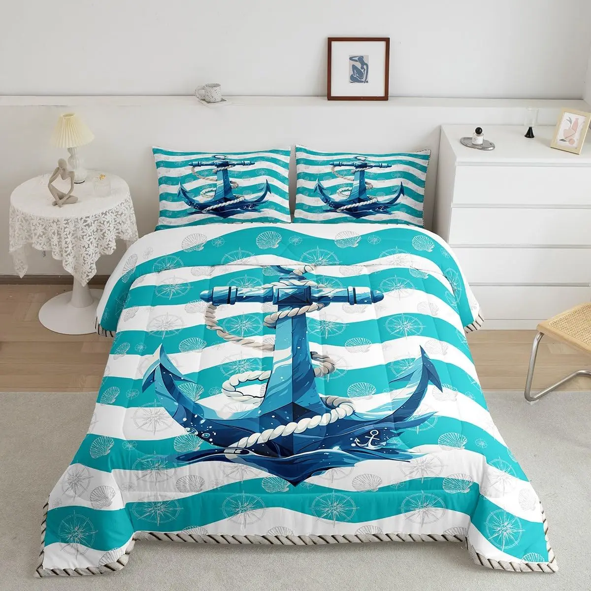 Anchor Decor Comforter Set Nautical Themed Bedding Set Ocean Comforter Sea Adventure Duvet Set Sky Blue Quilt Set