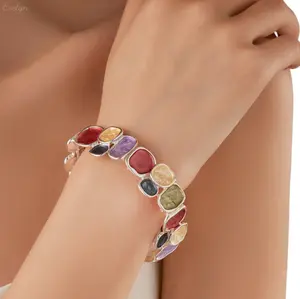 Irregular Enamel Stretch Bangle, Multi‑Color Textured Alloy Bracelet, Statement Jewelry for Women, Silver Tone