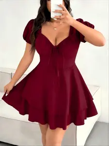 Summer Wine Sweetheart Bubble Sleeve Tiered Cake Dress, American Hot Girl Waist Cinching Slim Mini Skirt