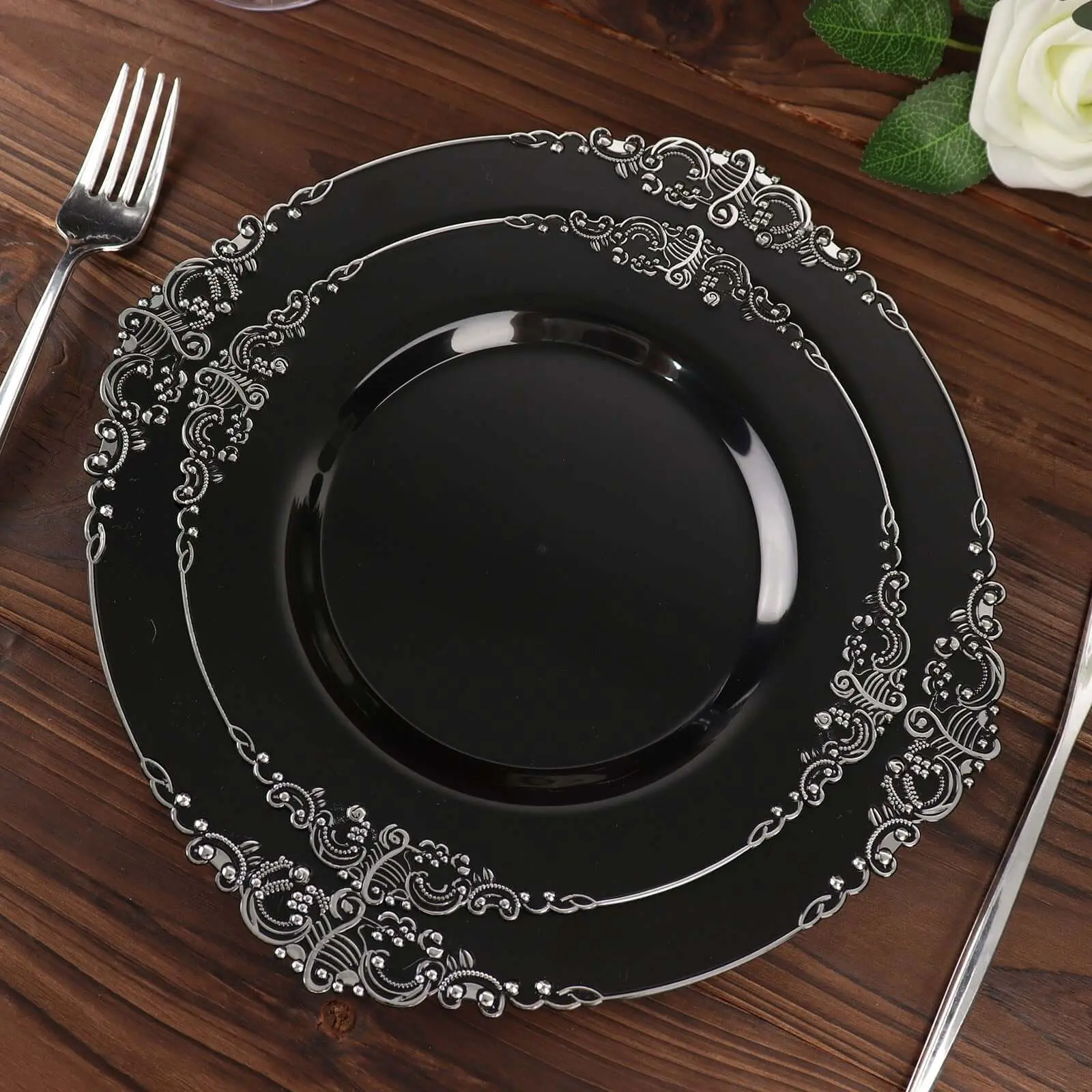 10-Pack Elegant Plastic Round Dessert Plates, 8" Black with Silver Leaf Embossed Rim - Vintage Baroque Style Disposable Salad Serving Plates for Weddings, Elegant Plastic Plates