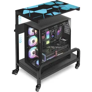Adjustable  Tower Stand Large with Guardrail, 2 Tier Gaming PC Tower Stand for ATX, E-ATX, ITX, Rolling Floor Cart with Locking Metal Wheels, 32.7" X 21.6" X 15.8"