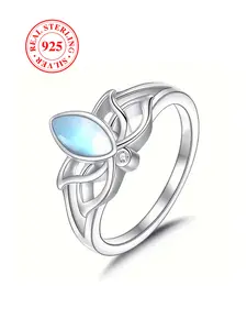 Women's S925 Sterling Silver Lotus Ring, Imitation Moonstone Engagement Ring Wedding Jewelry Birthday Gift Casual All-Seasons （with box）