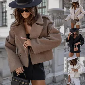 Women Crop Pea Coat Wool Blend Office Work Lapel Collar Short Winter Jacket Trench Coat