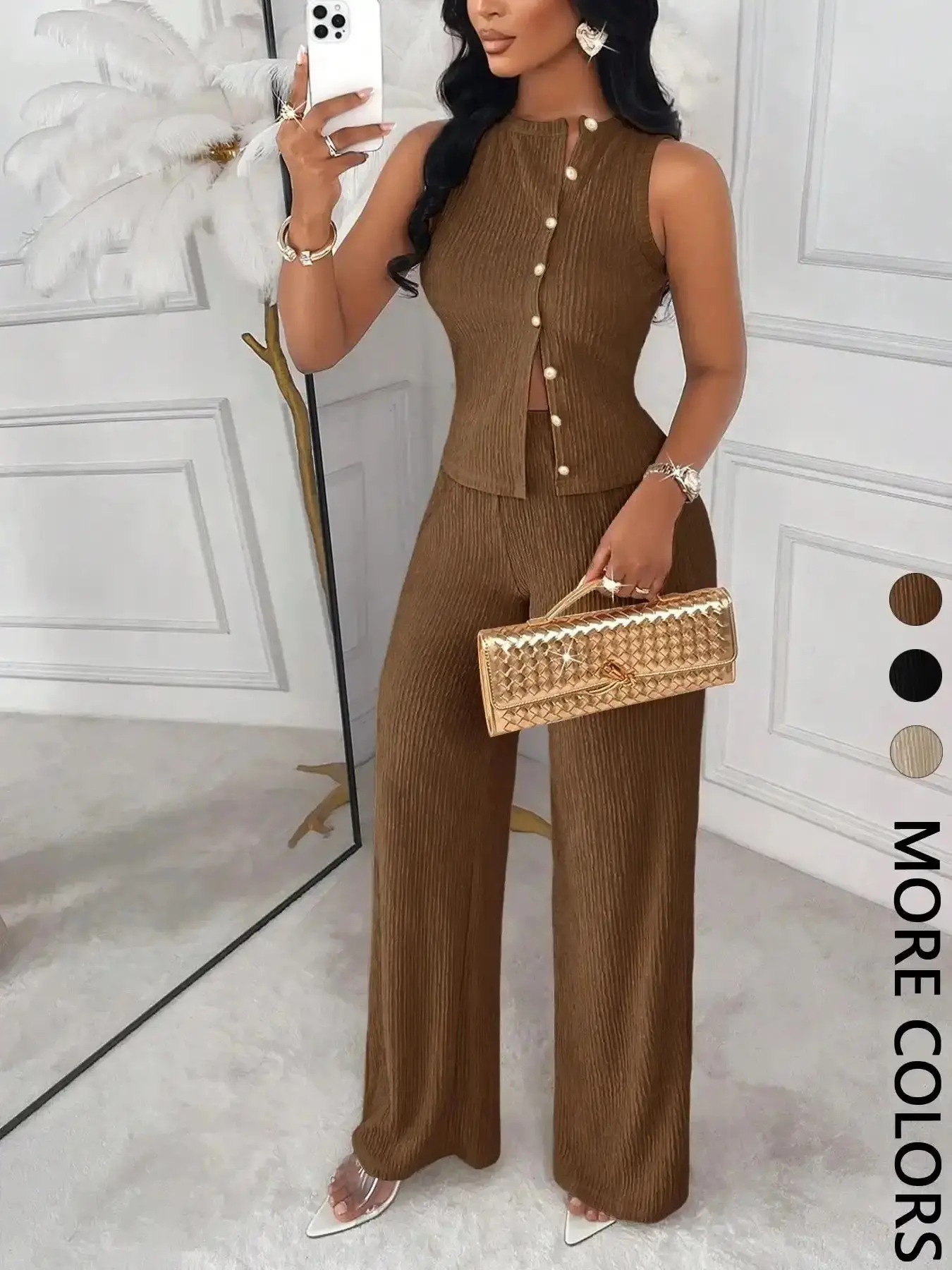 Flattering 2-Piece Women's Textured Matching Set Suits, Sleeveless Crew Neck Button-Front Top   Wide-Leg Pants, Solid Beige Design, Chic Sophisticated Style Clothes, effortless layering, chic everyday, refined casual