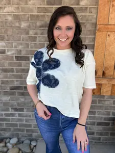 Ivory and Denim Blue Drop Shoulder Denim Floral Patchwork Slub Top by Haptics