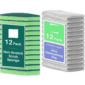 12 Pack Non-Scratch Dish Sponges and 12 Pack Wire Dishwashing Rags Set, Gentle Scrub Sponges and Reusable Non-Scratch Wire Dishcloth for Kitchen, Bathroom, and Household Cleaning