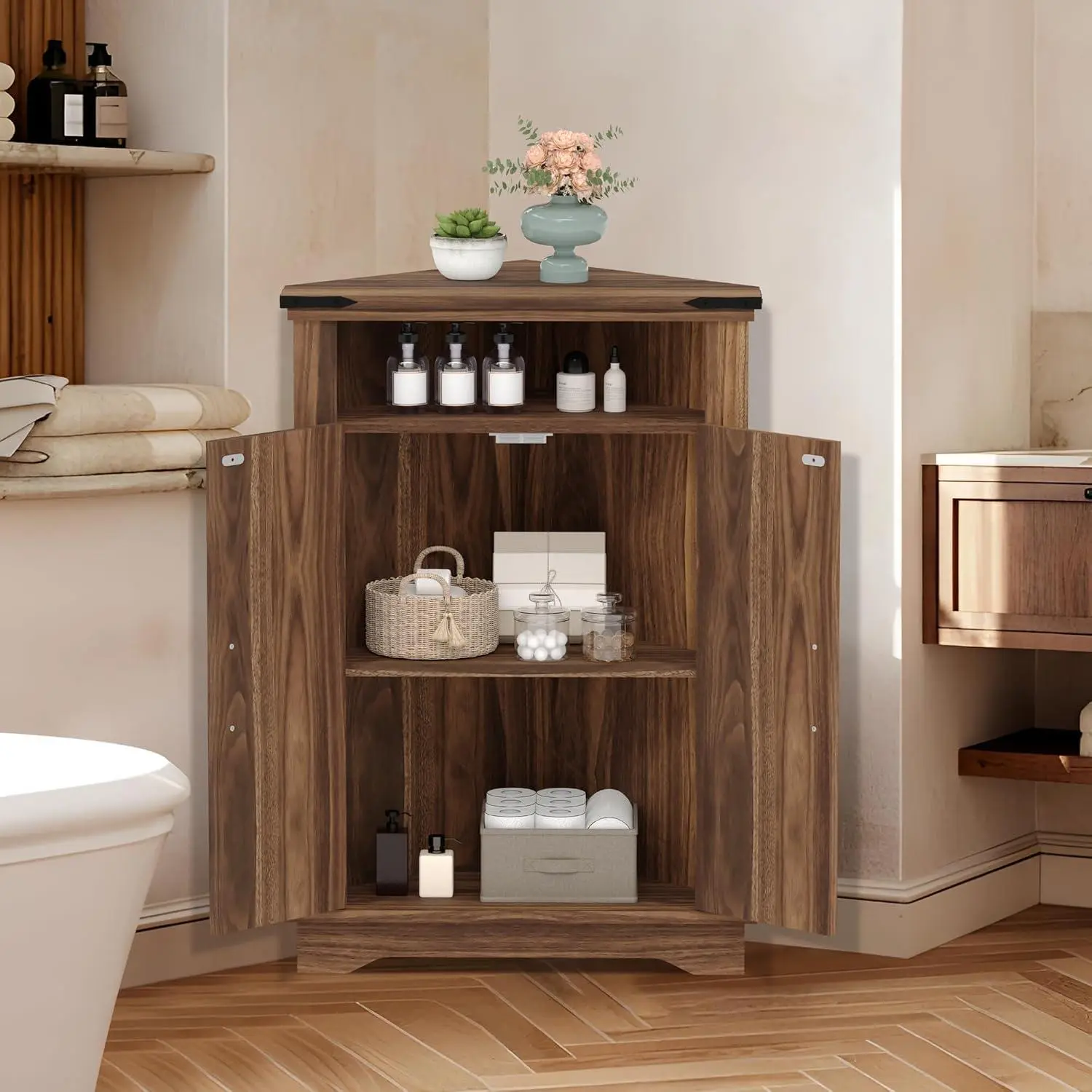 Small corner cabinet with chair doors and adjustable shelf, rustic-style bathroom table with storage for small spaces, kitchen, living room,Brown