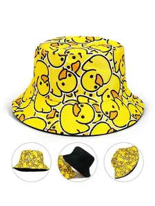 Fashionable and trendy all over duck casual fisherman hat, cartoon printed pattern basin hat, double-sided foldable lightweight design flat top hat, unisex casual sun hat, Outdoor Bucket Hat, suitable for beach vacation and outdoor leisure sports wear