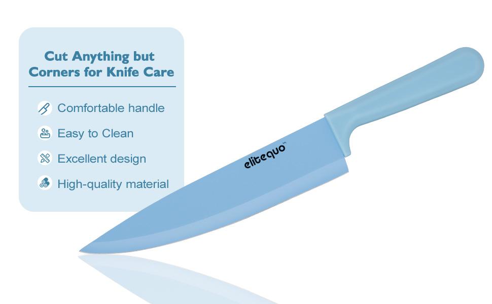 ELITEQUO 8 Piece Knife Set with Blue Ceramic Coated Blades, Stylish Wooden Block & 8 Inch Sharpener - Elegant Kitchen Knife Block for Modern Culinary Excellence