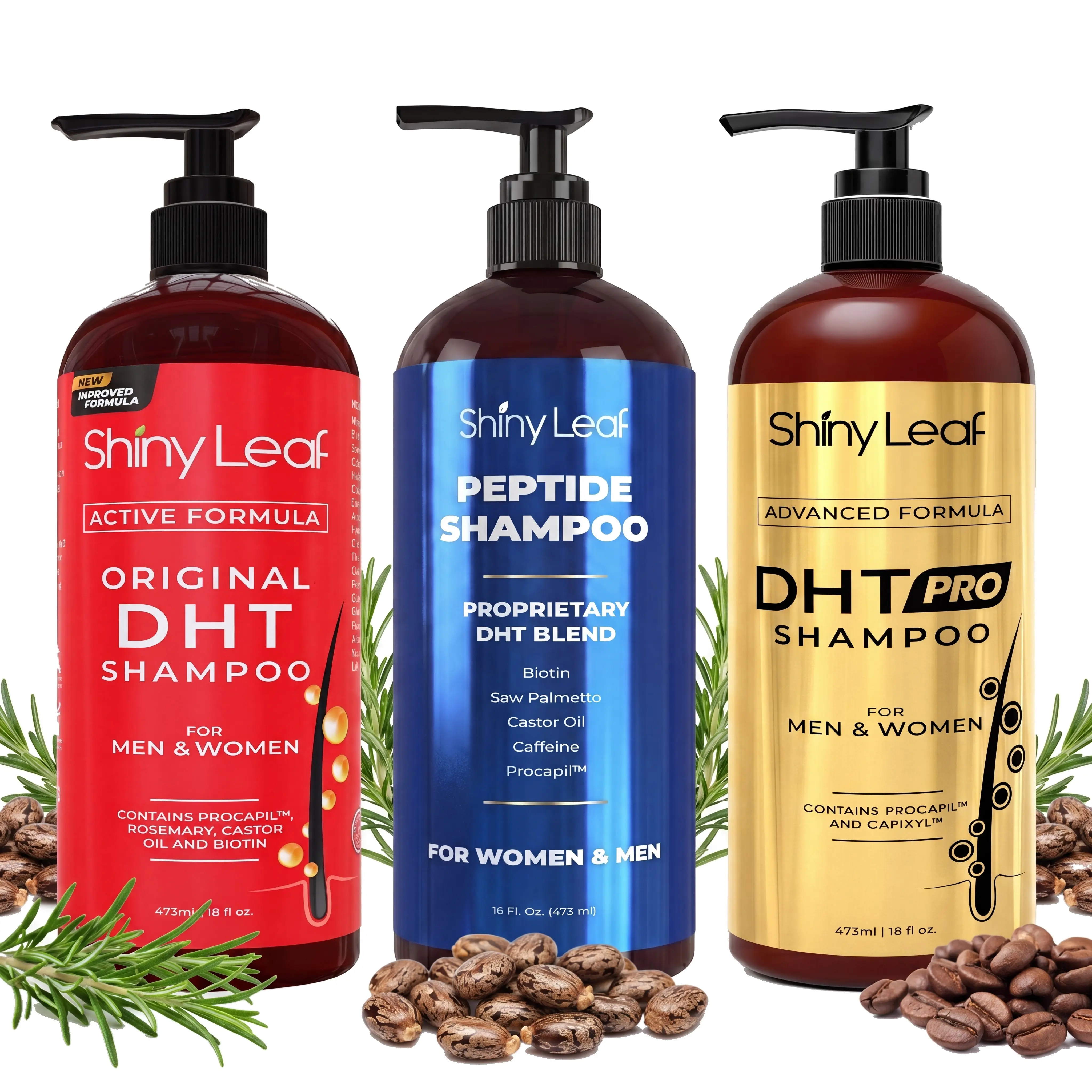 DHT Shampoo Bundle — 3 Formulas: Original, Peptide & Pro — Biotin, Caffeine, Saw Palmetto & Procapil, Sulfate Free, Color Safe, Men & Women, 3 x 16 oz