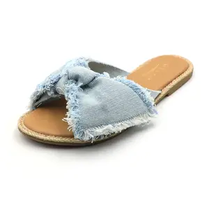 Women’s Knotted Frayed Denim Slides - Textured Sole Flat Sandals for Casual Everyday Styling Footwear Shoe