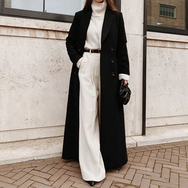 Elegant women’s long double-breasted coat with a turn-down collar, casual outerwear for autumn/winter, blended fabric design