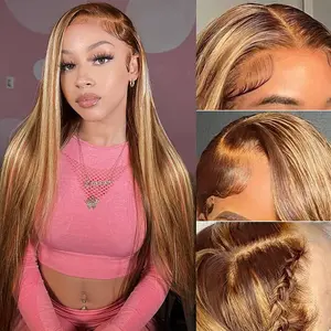 Pizazz Hair 13x6 Ombre Highlight Lace Front Wigs Human Hair with Baby Hair 220 Density 4/27 Honey Blonde straight Lace Frontal Wigs Human Hair