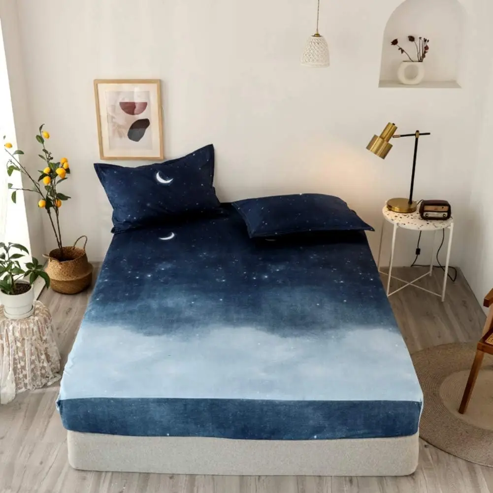 Feelyou Galaxy Theme Fitted Sheet Set - Decorative Microfiber Bedding Set, Blue Watercolor Chic Starry Sky Design, Multiple Sizes Moon Night Bed Cover, Decorative Bedsheet Sets