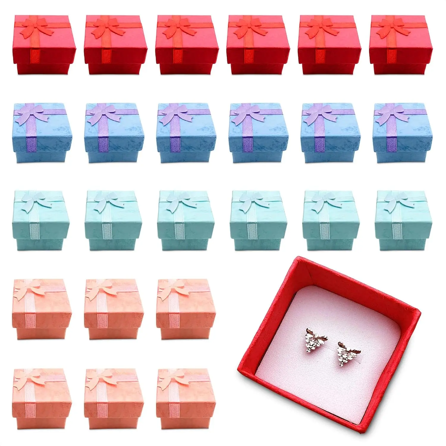 Ring Boxes  24Pcs Colored Ring Jewelry Box Set Small Earring Box with Ribbon & Soft Foam Inside Cardboard Earring Boxes Bulk with Lid