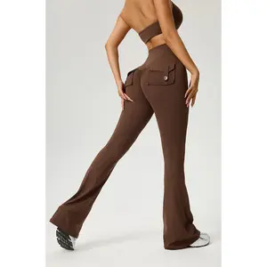 ALPINEA Women's Butter-Soft Utility Buttoned Pocket Flared High-Waist Butt-Lifting Yoga Pants - Peach Hip Bootcut Workout Wide-Leg Pants for Pilates