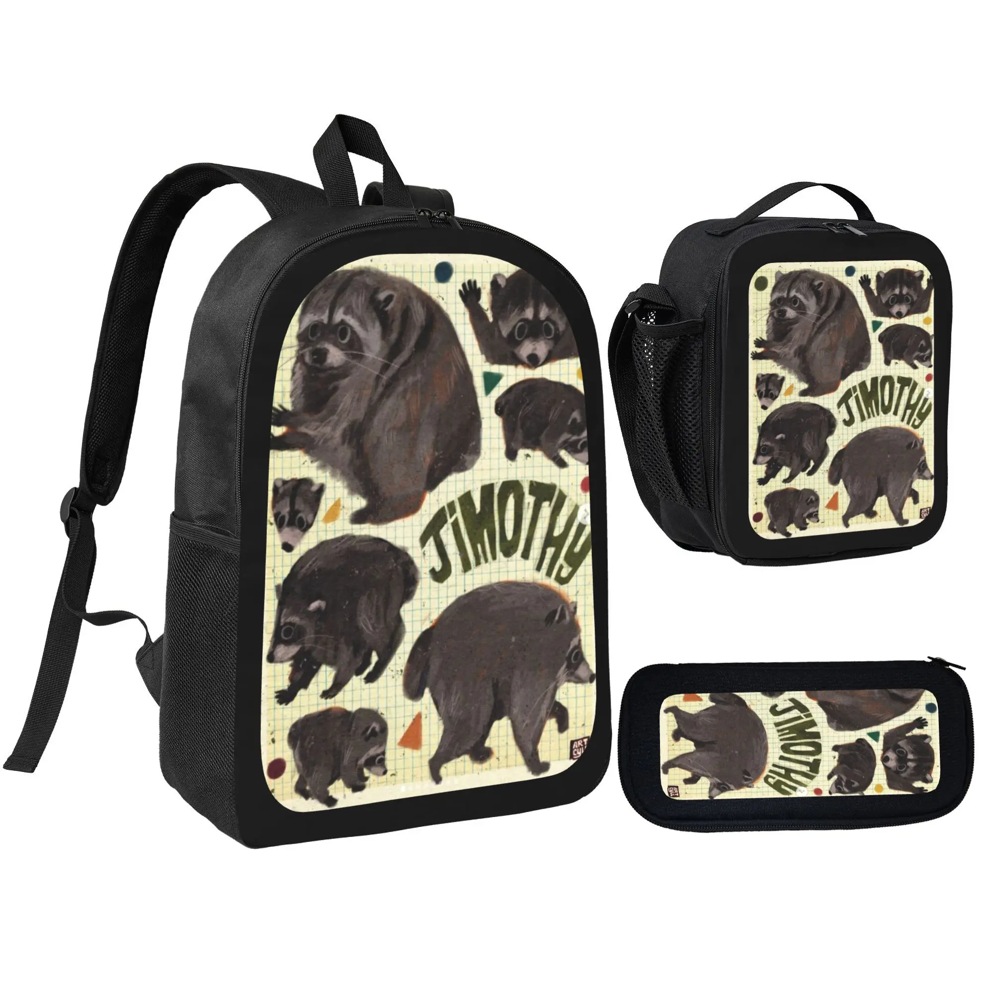 Jimothy the Raccoon Cute Raccoon Backpack Set 3-in-1 with Insulated Lunch Box & Pencil Case for Teens Lightweight School Bag Back to School Gift for Boys Girls
