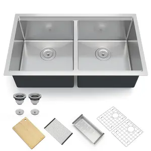 33-Inch Brushed Nickel Undermount 16-Gauge Rust-Resistant Stainless Steel Double Bowl Kitchen Sink with Single-Tier Track, Full Accessories for Family, Bar Use