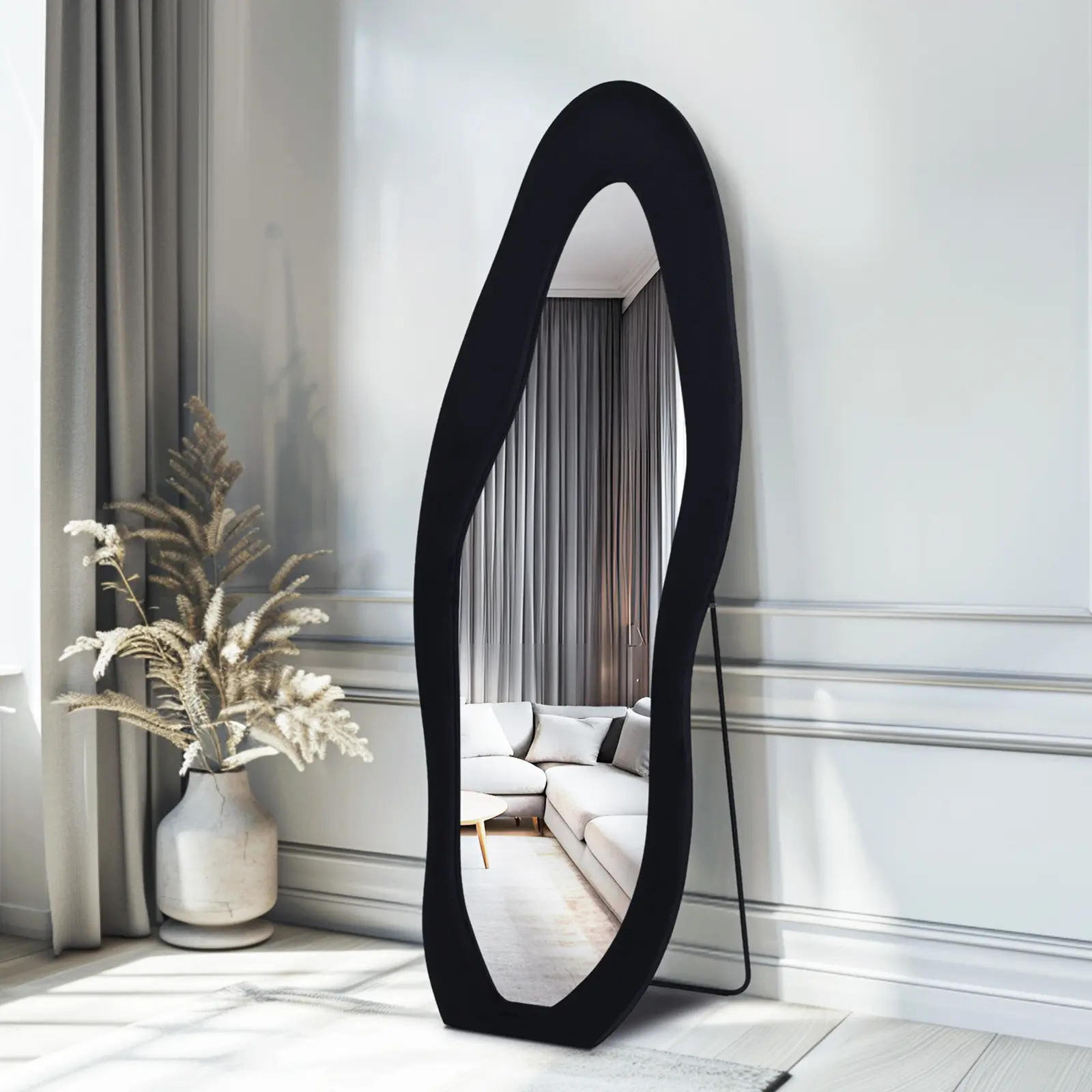 1pc 63"x24" Full Length Mirror Irregular Full Body Mirror Wall Mounted Floor Mirror with Stand Flannel Wrapped Wooden Frame Leaning Hanging Wall Mirror for Bedroom Entrance Decor Elegant