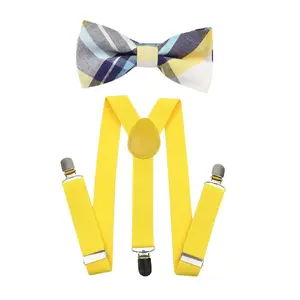 TIE MOOD Blue Plaid Kid's Pre-Tied Bow Tie & Yellow Suspenders