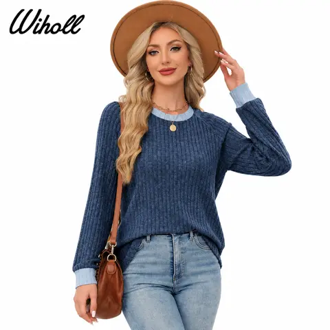 WIHOLL Women's Round Neck Long Sleeve Color Block Sweater, Lightweight Soft Dressy Casual Top, 2026 Fall-Winter Outfits, Sweater for Women