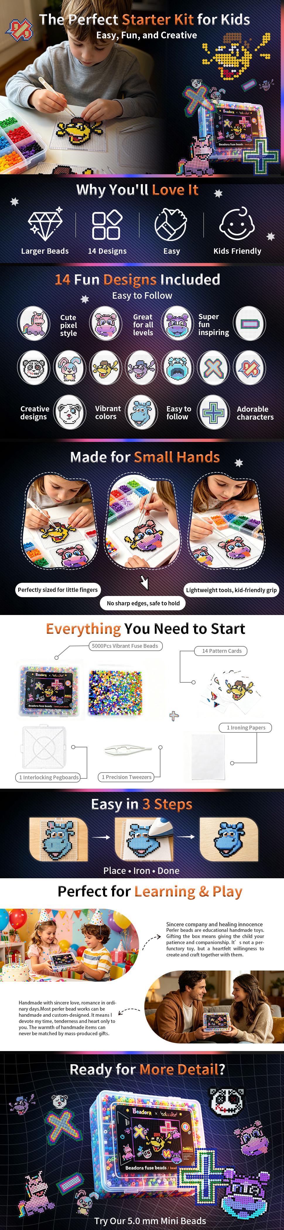 Beadora & Woooowshow 5.0mm Perler Beads DIY Craft Starter Kit -  5000 Beads, 14 Design Patterns, Complete Mosaic Making Supply for Toys & Hobbies