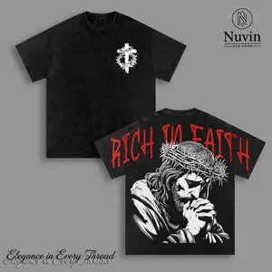 Rich In Faith - Jesus Pray T-Shirt Washed Washed, Bible Verse, Church Outfit Unisex Oversized Graphic Tee For Men and Women Aesthetic Clothes