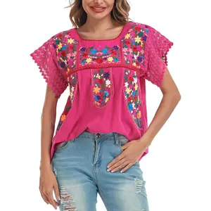 Women's Embroidered Mexican Peasant Blouse Mexico Summer Shirt Short Sleeve