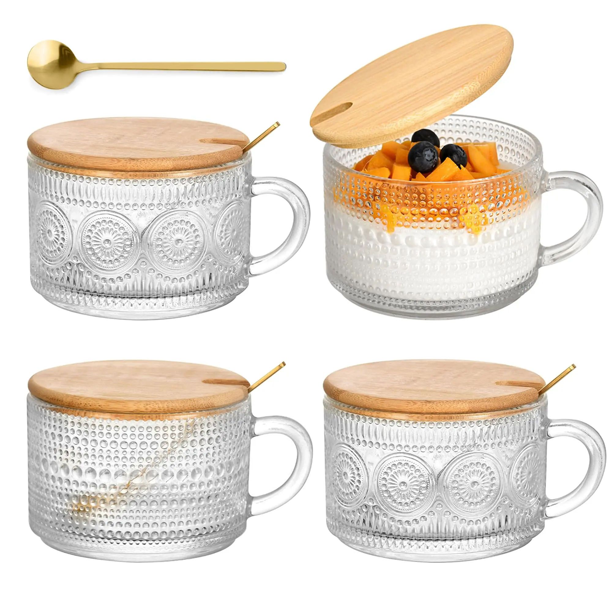 4pcs Set Vintage Coffee Mugs gifts for women, Overnight Oats Containers with Bamboo Lids and Spoons - 14oz Clear Embossed Glass Cups,Cute Coffee Bar Accessories, Iced Coffee Glasses for Iced Coffee, Tea, Latte