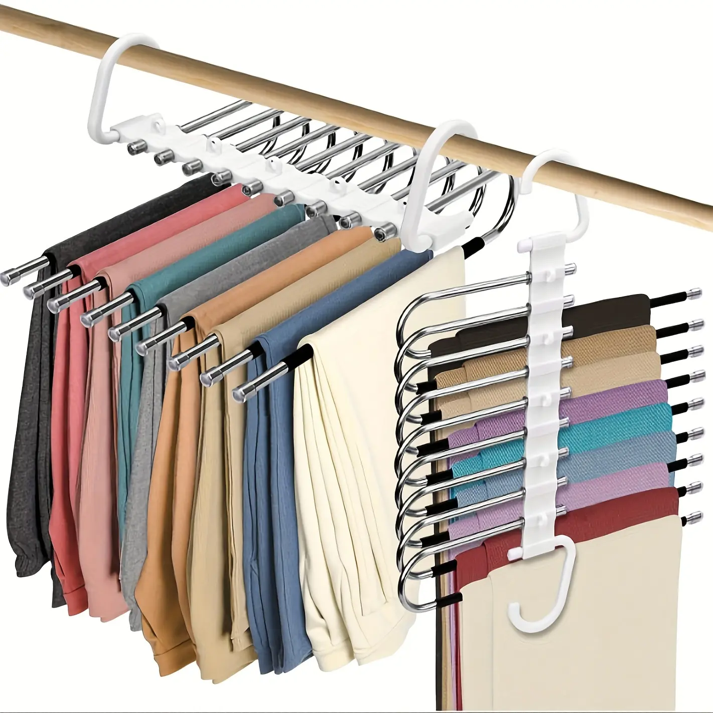 Stainless Steel Non-Slip Hangers - 2-Piece 5-Layer Space-Saving Home Organizers with Skirt Holders for Jeans, Trousers, Pants Organizing Rack, Multi-Hanger Hangers & Pegs Closet Organizer Hangers Storage Hanger