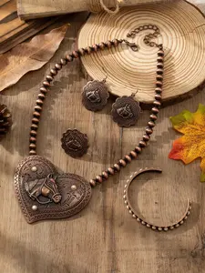 Bohemian Style Vintage Antique Copper Heart & Horse Head Beaded Necklace, Earrings, Ring, Bracelet Set, Suitable For Outfit Matching, Daily And Holiday Wear