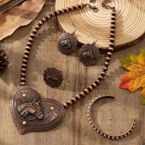 Bohemian Style Vintage Antique Copper Heart & Horse Head Beaded Necklace, Earrings, Ring, Bracelet Set, Suitable For Outfit Matching, Daily And Holiday Wear Jewelry Set