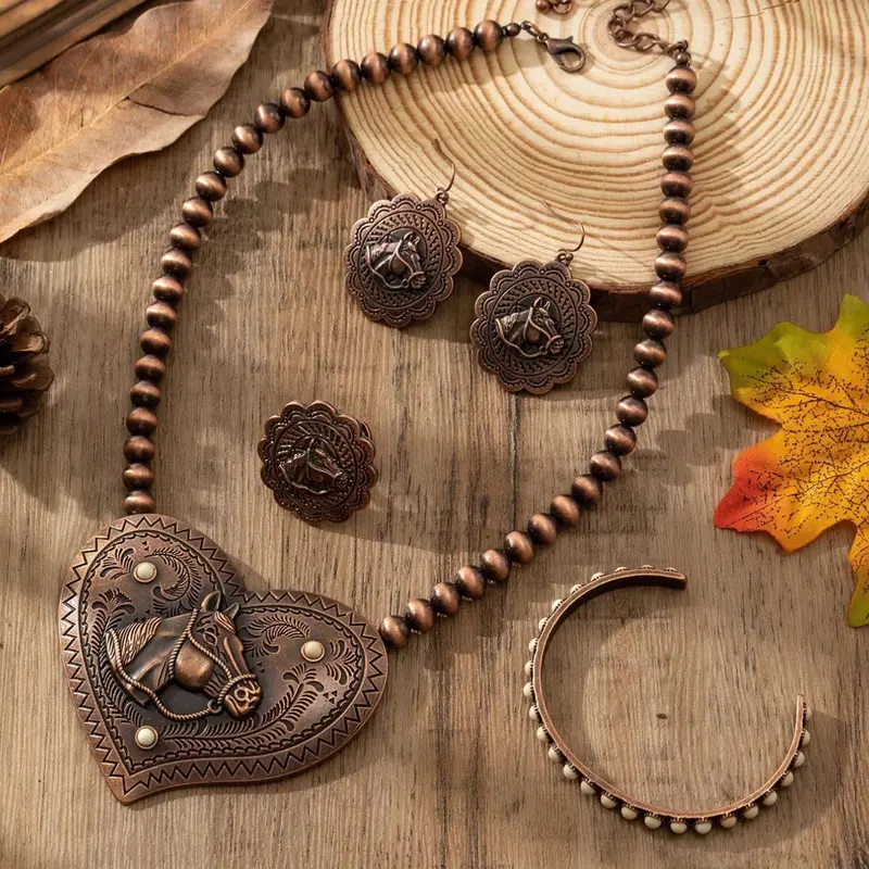 Bohemian Style Vintage Antique Copper Heart & Horse Head Beaded Necklace, Earrings, Ring, Bracelet Set, Suitable For Outfit Matching, Daily And Holiday Wear Jewelry Set
