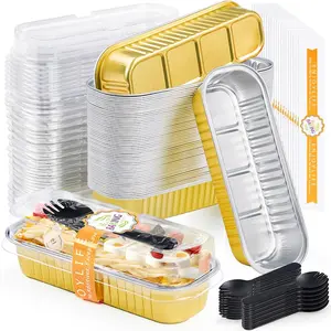 Mini Loaf Pans with Lids and Aluminum Foil, Disposable 6.8oz Rectangle Mini Cake Pans with Lids, Gold Small Foil Bread Pan for Christmas Halloween 30pcs